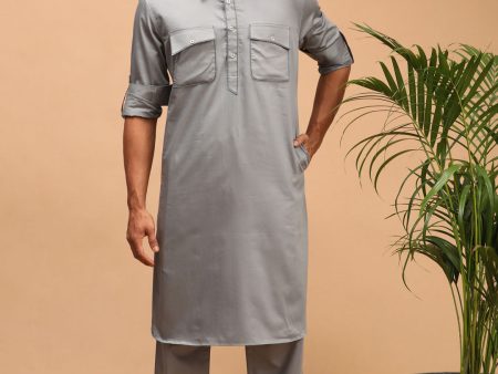 Shrestha By Vastramay Men s Grey Cotton Blend Pathani Kurta Set Online Sale