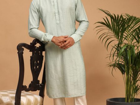 Shrestha By Vastramay Men s Green And Cream Cotton Blend Kurta Pyjama Set Online Sale