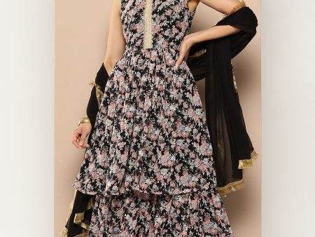 KSUT (House of Varanga) Black Printed Anarkali Kurta Paired With Sharara And Plain Tonal Dupatta For Cheap