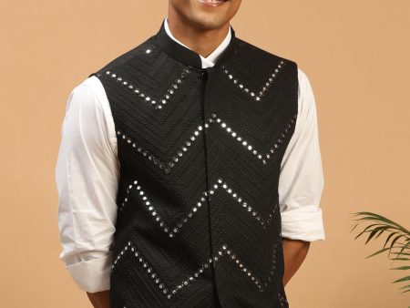 Shrestha By Vastramay Men s Black Mirror Work Nehru Jacket For Cheap