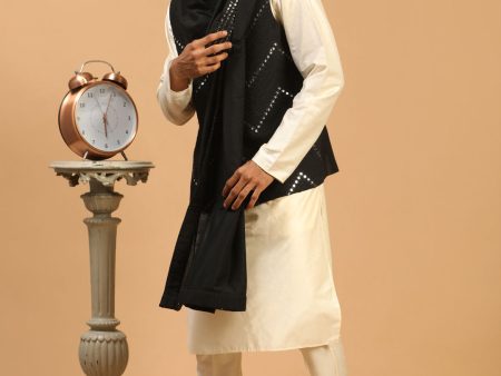 Shrestha By Vastramay Men s Black And Cream Viscose Jacket, Kurta And Pyjama Set Online now