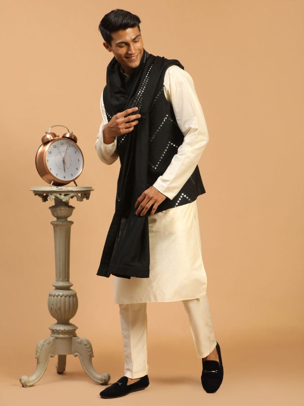 Shrestha By Vastramay Men s Black And Cream Viscose Jacket, Kurta And Pyjama Set Online now