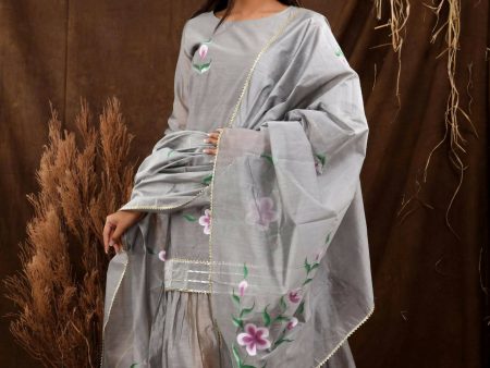 Women s Grey Hand Paint Sharara Set With Dupatta - Isya Fashion