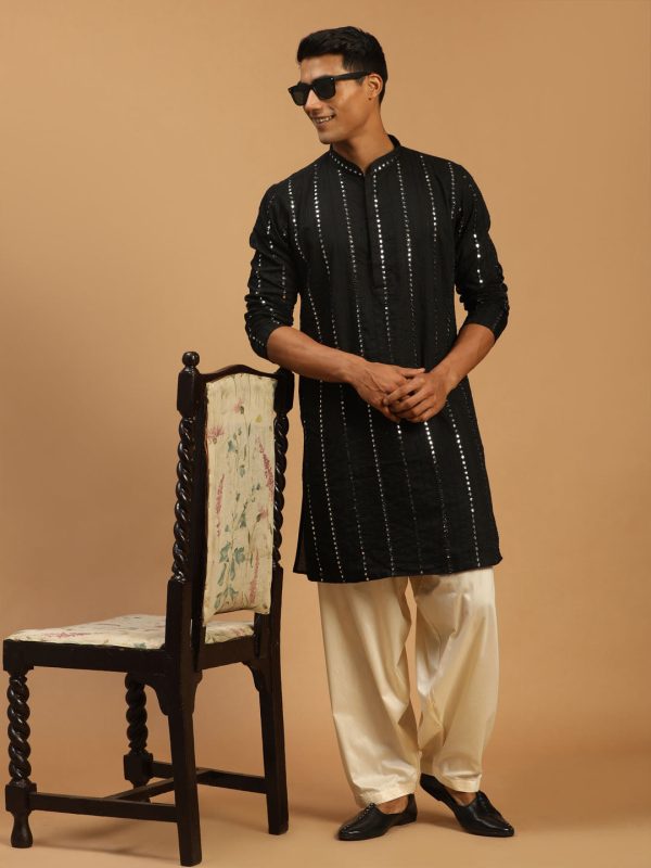 Shrestha By Vastramay Men s Black And Cream Viscose Kurta And Patiala Set Online Hot Sale