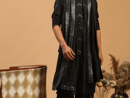 Shrestha By Vastramay Men s Black Viscose Jacket, Kurta And Pyjama Set on Sale