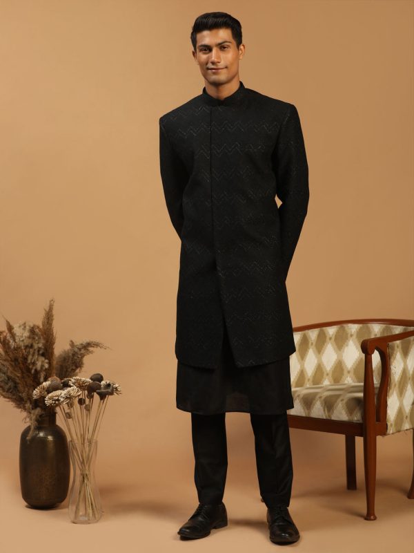 Shrestha By Vastramay Men s Black Viscose Sherwani Set For Sale