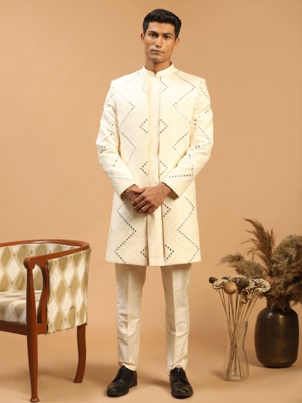 Shrestha By Vastramay Men s Cream Viscose Sherwani Only Top Online Hot Sale