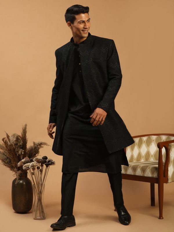 Shrestha By Vastramay Men s Black Viscose Sherwani Set For Sale