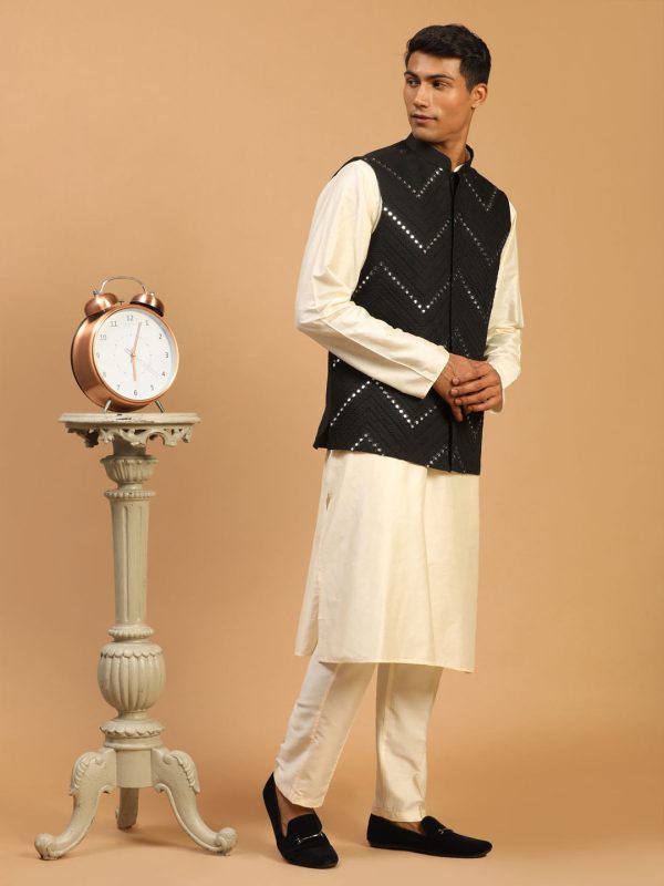 Shrestha By Vastramay Men s Black And Cream Viscose Jacket, Kurta And Pyjama Set Online now