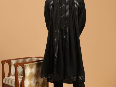 Shrestha By Vastramay Men s Black Viscose Jacket, Kurta And Pyjama Set For Sale