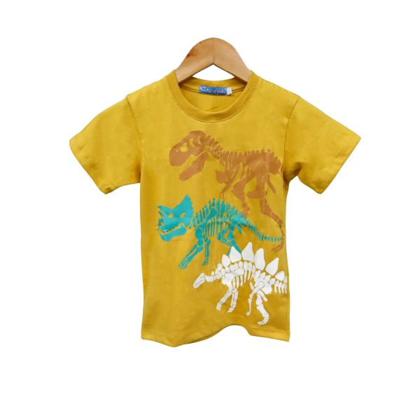 Kidscapade B Short Sleeves T-Shirt with 3 Skeleton Dinosaur Print - Mustard on Sale